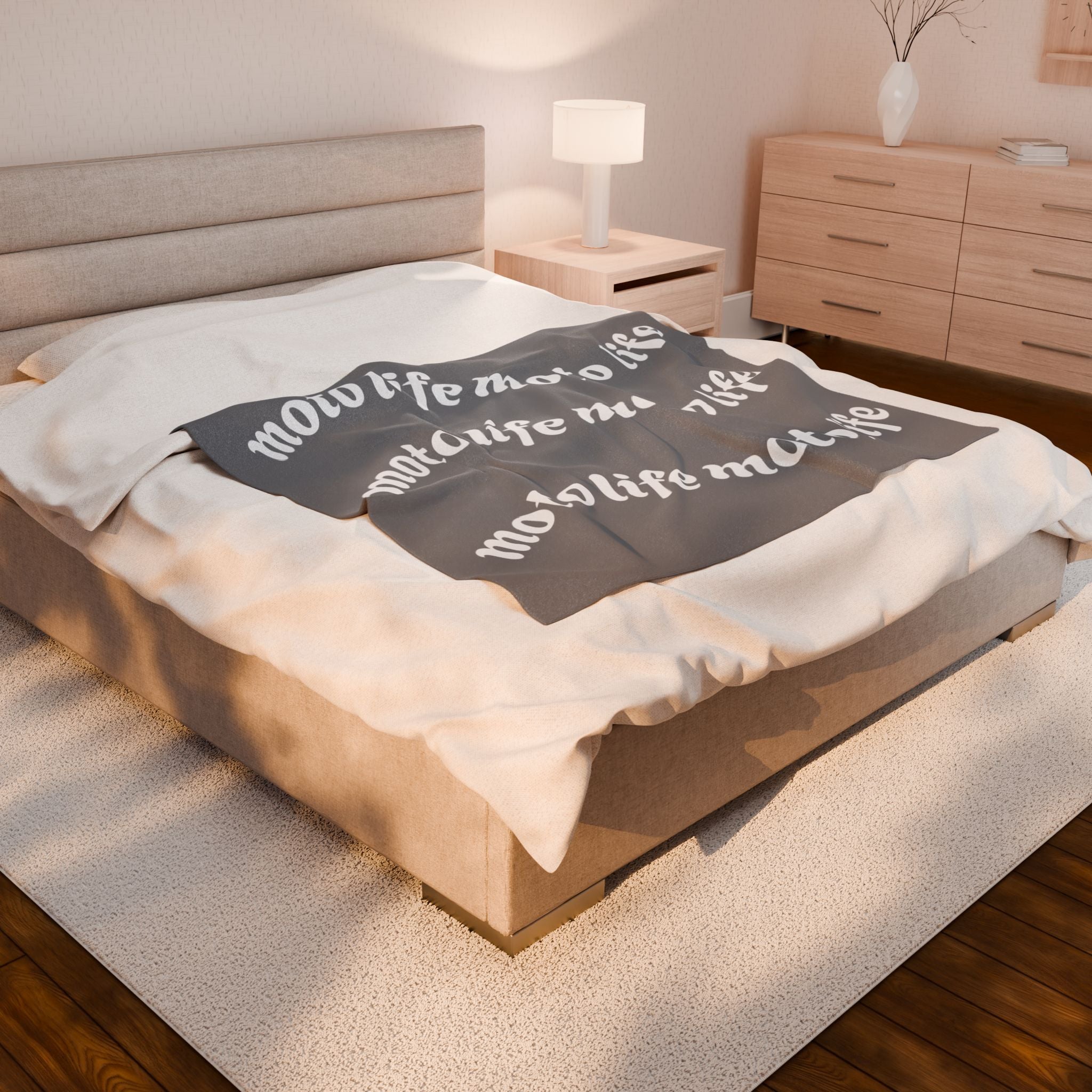 Plush Blanket — “moto life” Repeating Script Velveteen Throw