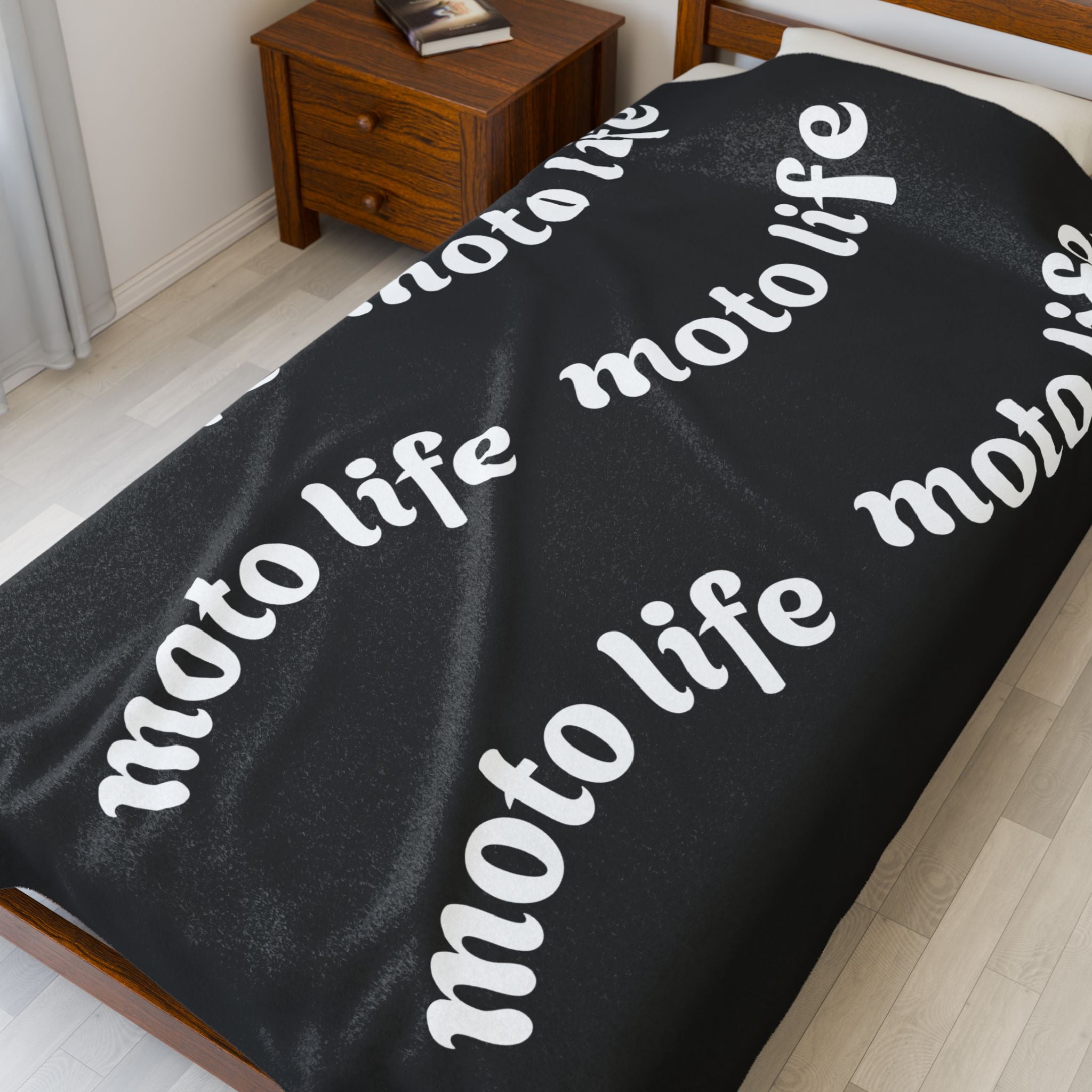 Plush Blanket — “moto life” Repeating Script Velveteen Throw