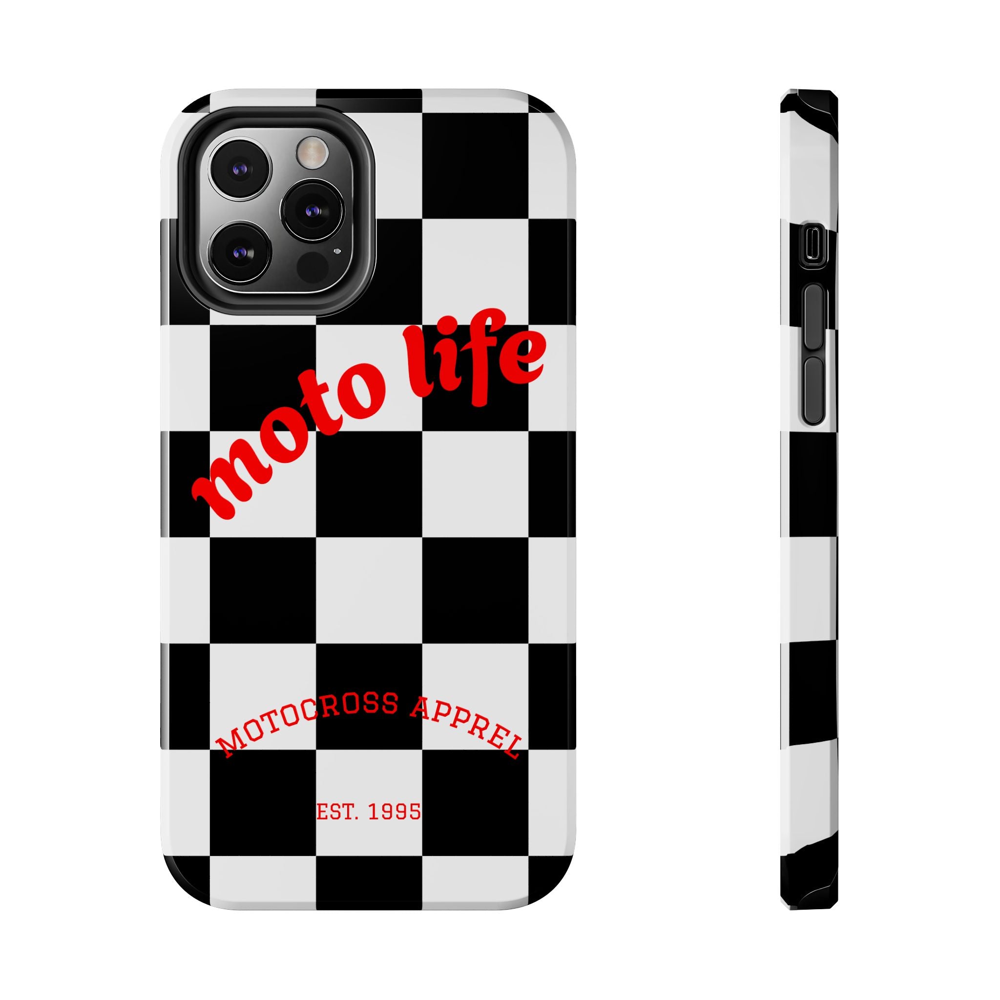 moto life checkered design Phone Case | motocross apparel, black white grid