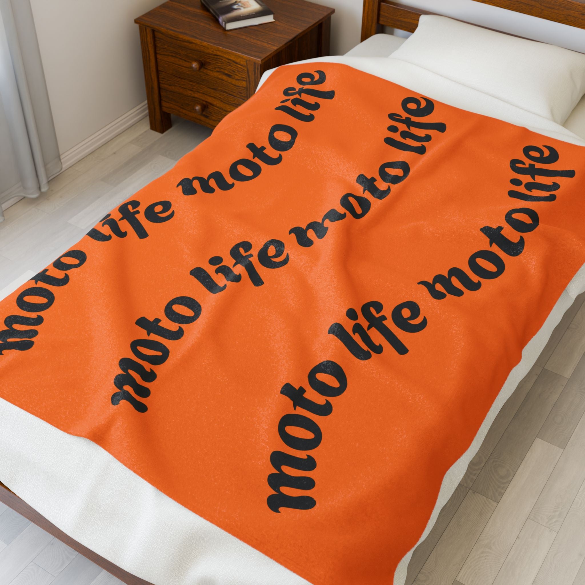 Plush Blanket — “moto life” Repeating Script Velveteen Throw