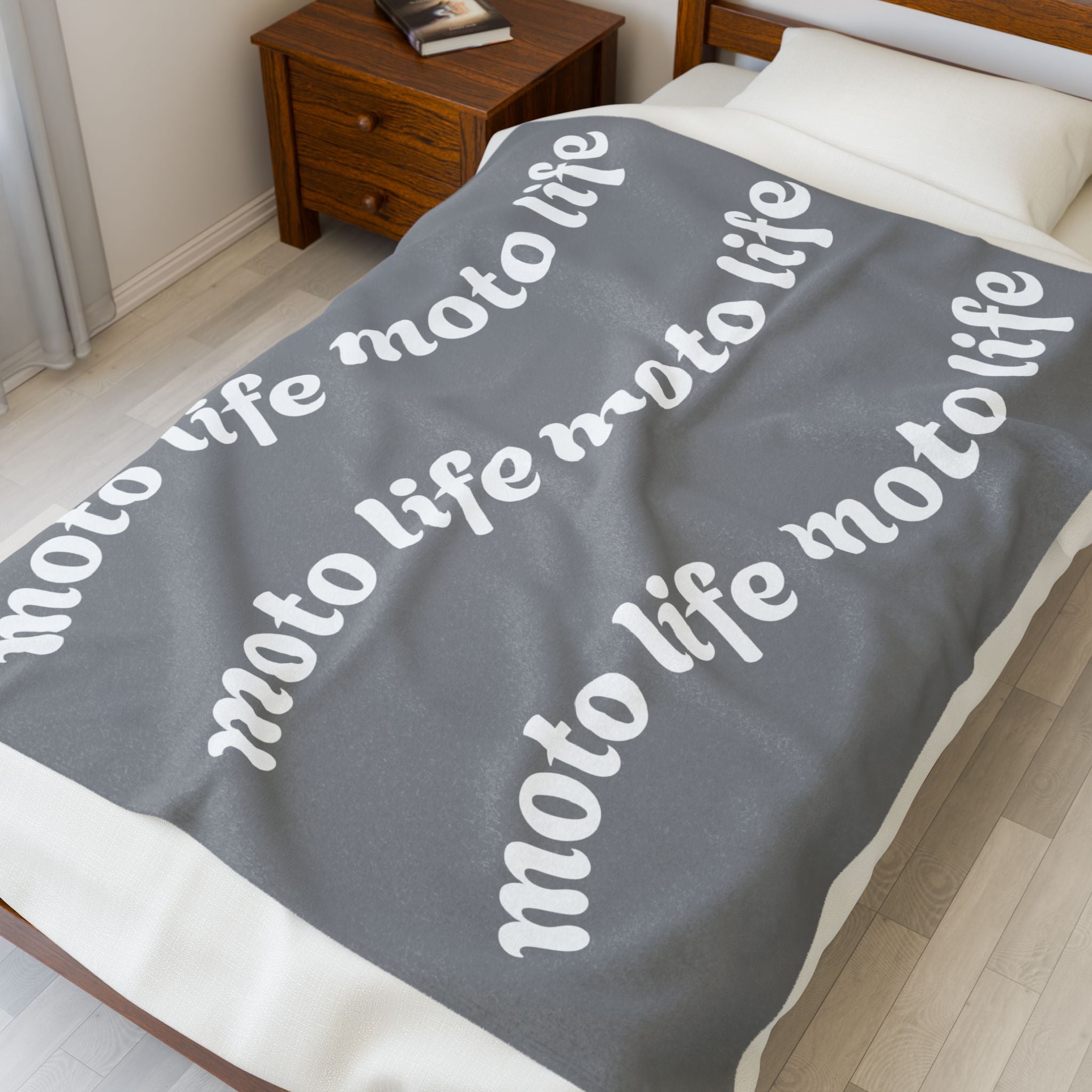 Plush Blanket — “moto life” Repeating Script Velveteen Throw