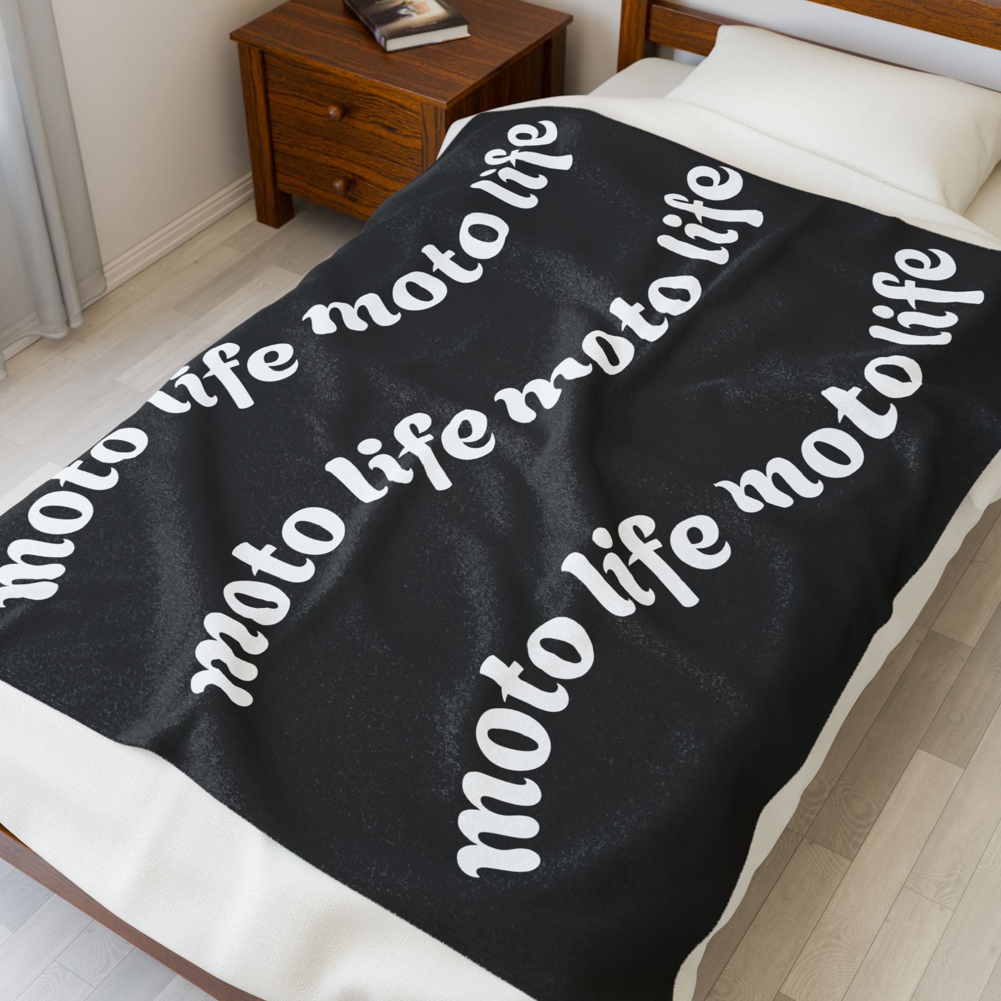 Plush Blanket — “moto life” Repeating Script Velveteen Throw