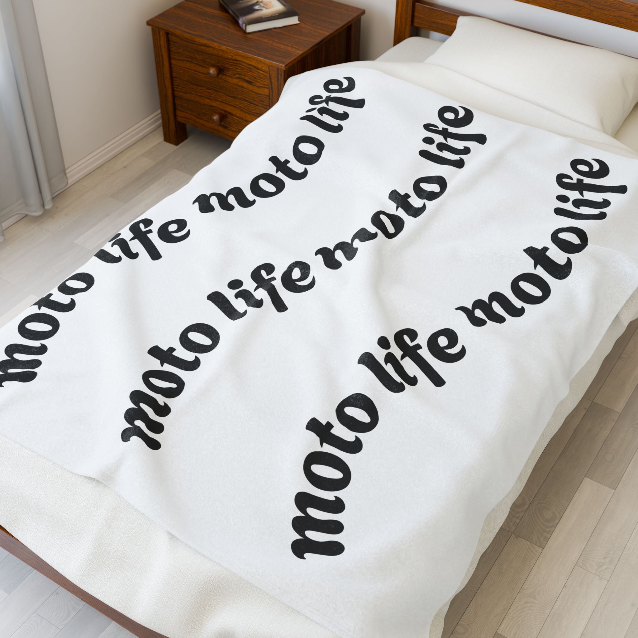 Plush Blanket — “moto life” Repeating Script Velveteen Throw