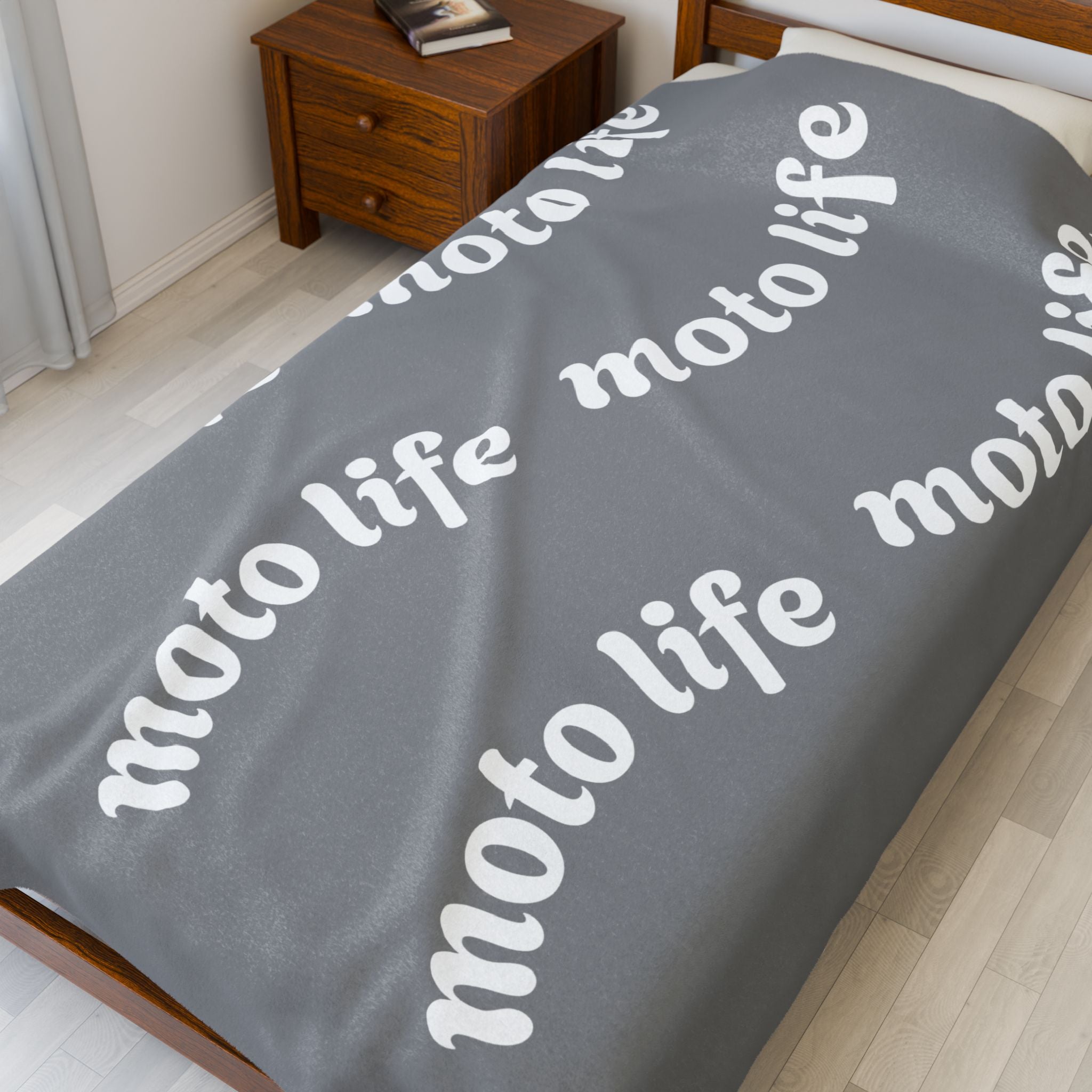 Plush Blanket — “moto life” Repeating Script Velveteen Throw