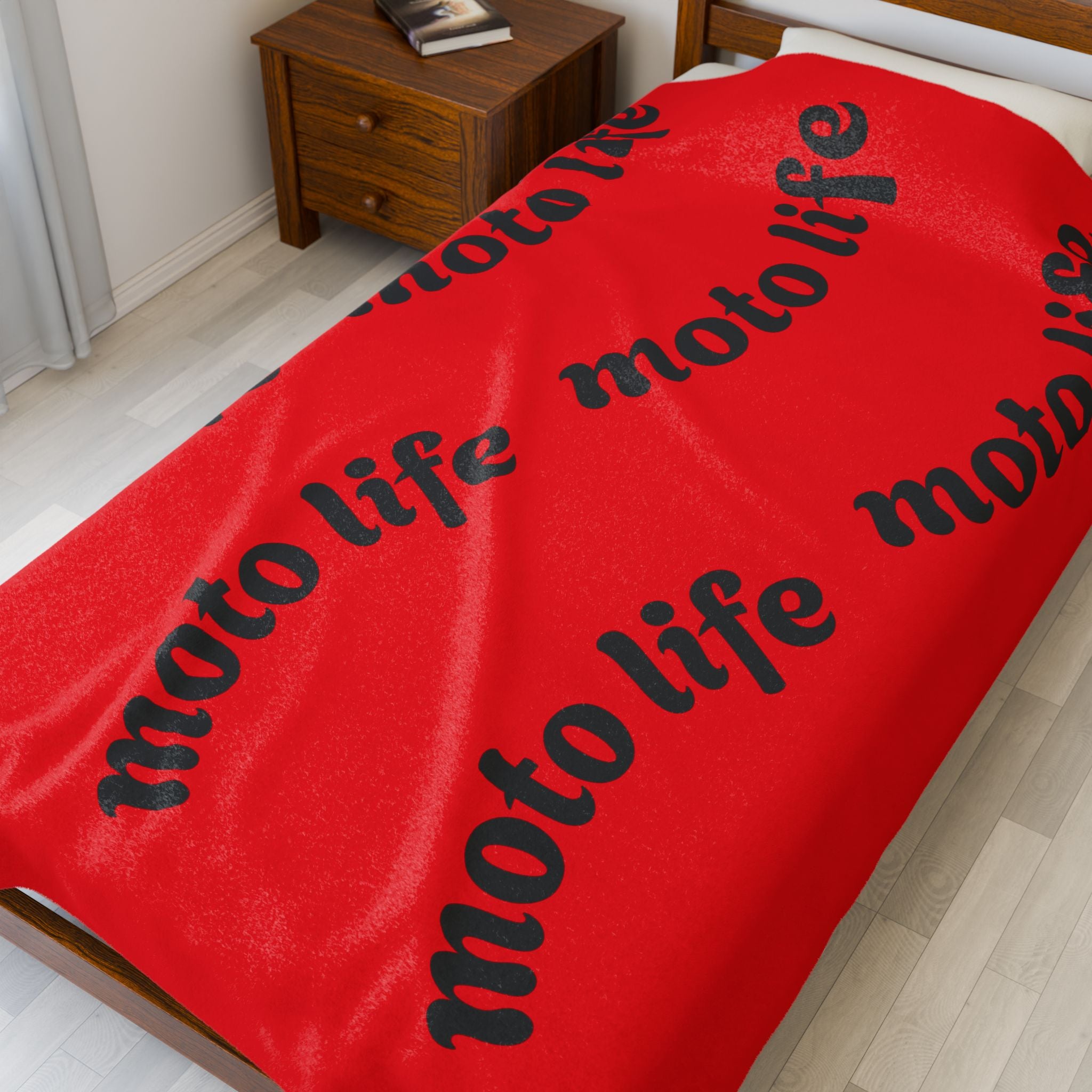 Plush Blanket — “moto life” Repeating Script Velveteen Throw