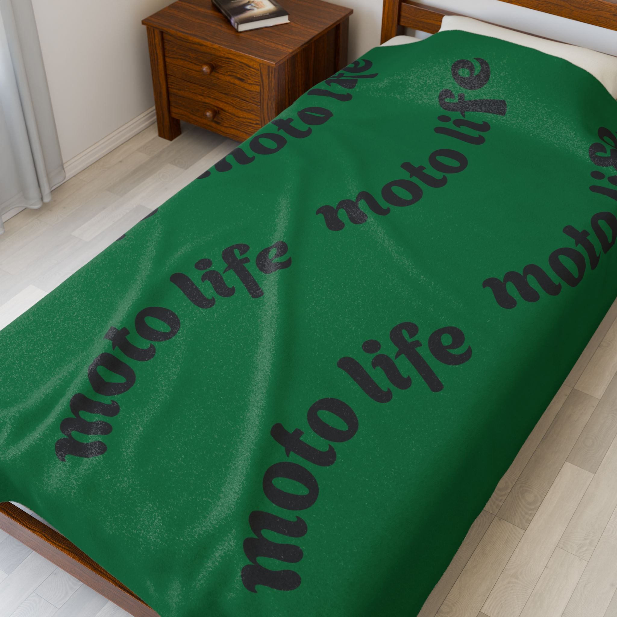 Plush Blanket — “moto life” Repeating Script Velveteen Throw