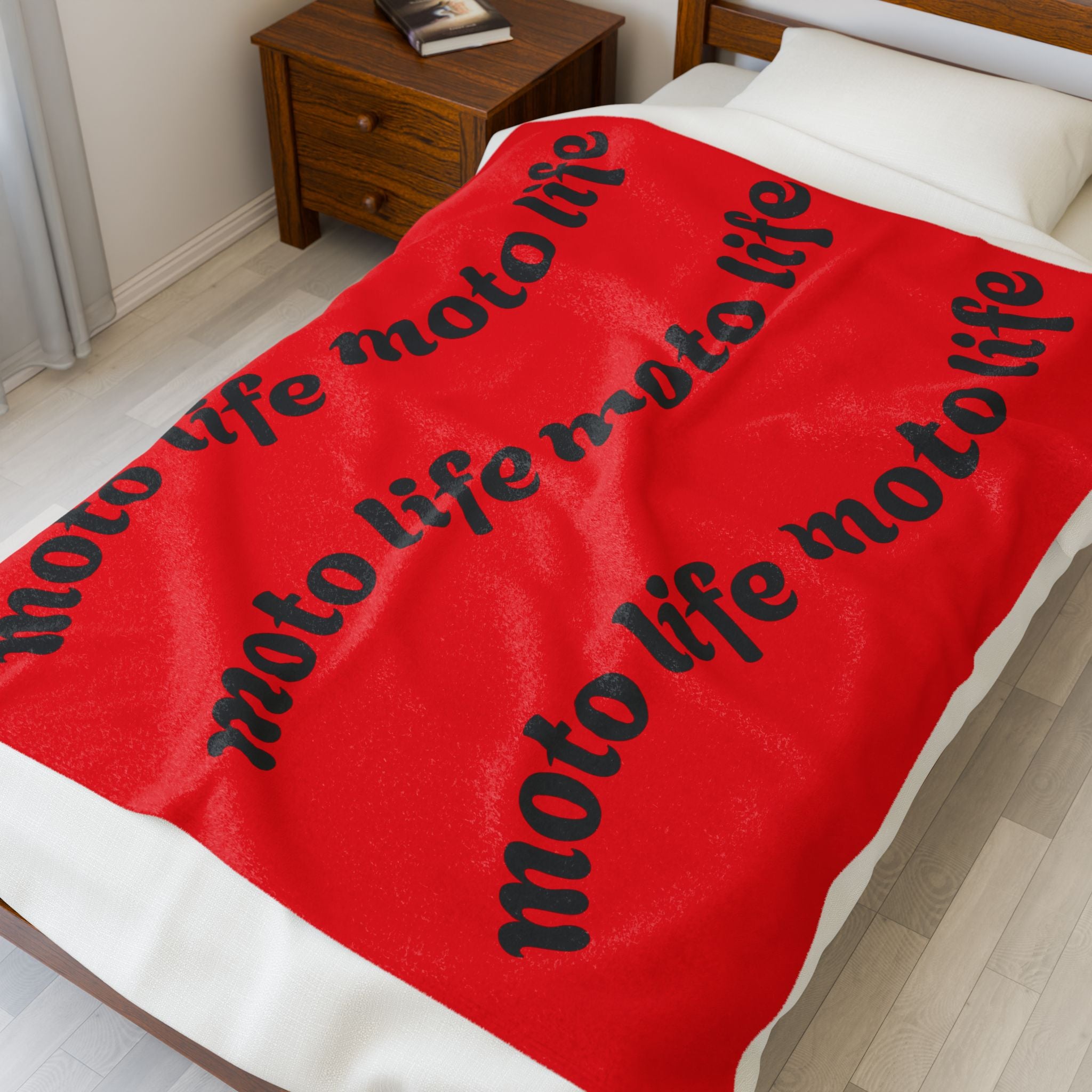 Plush Blanket — “moto life” Repeating Script Velveteen Throw