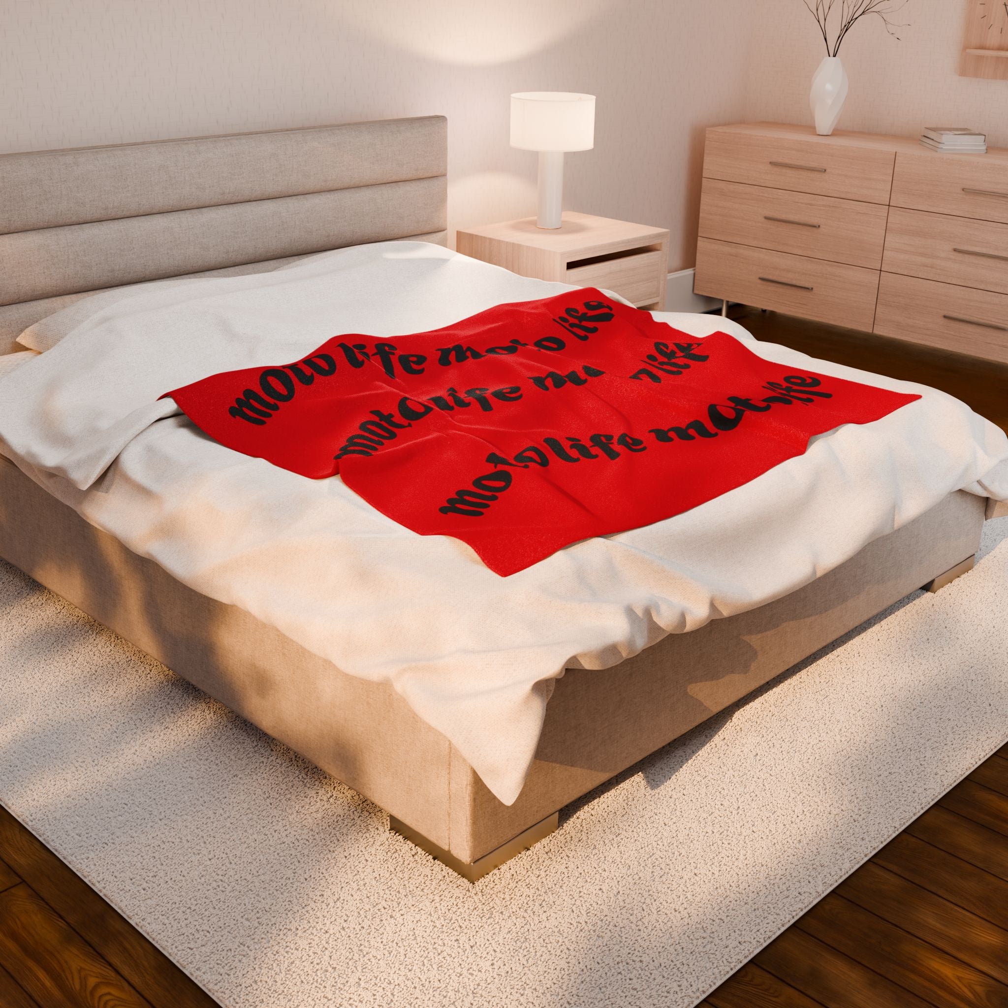 Plush Blanket — “moto life” Repeating Script Velveteen Throw