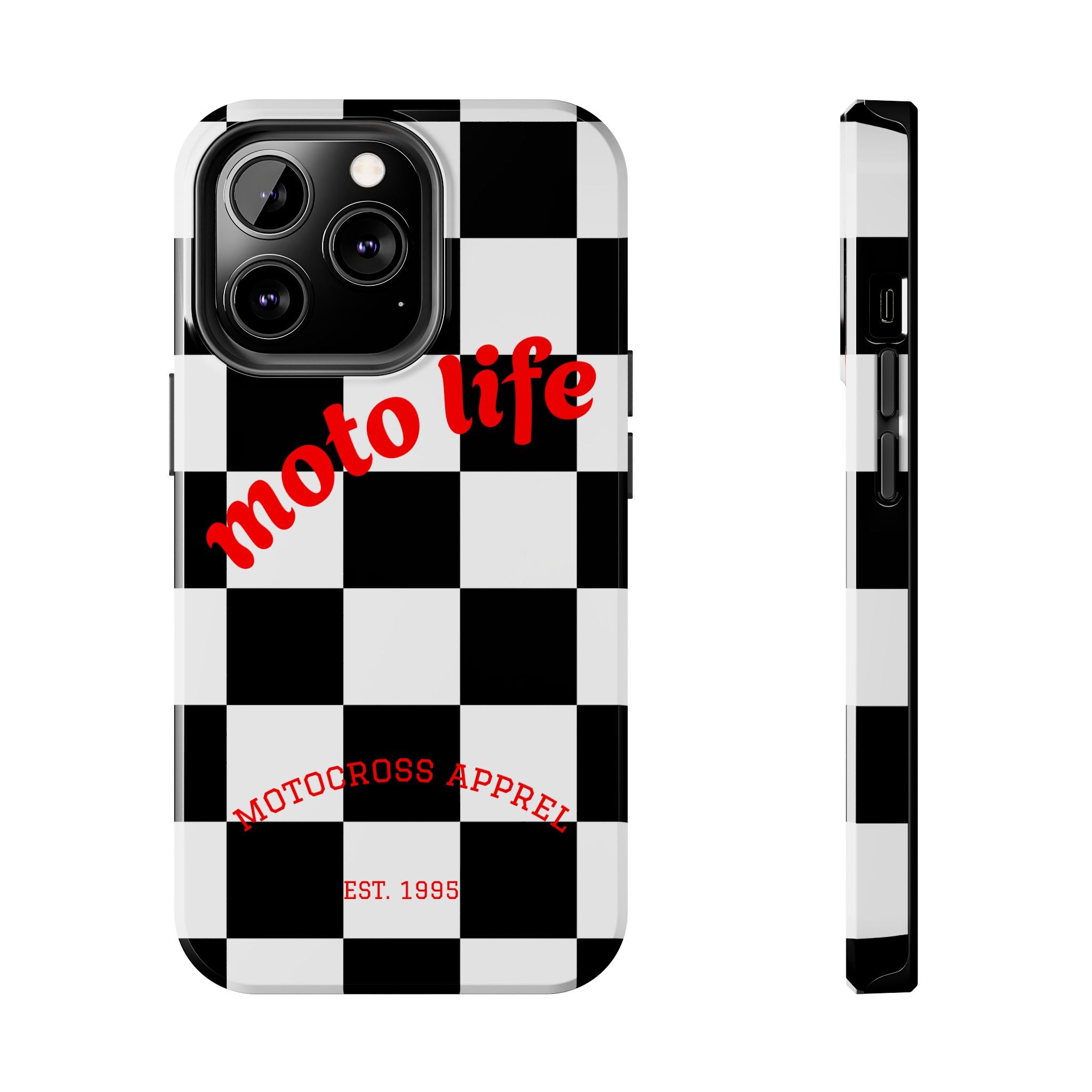 moto life checkered design Phone Case | motocross apparel, black white grid