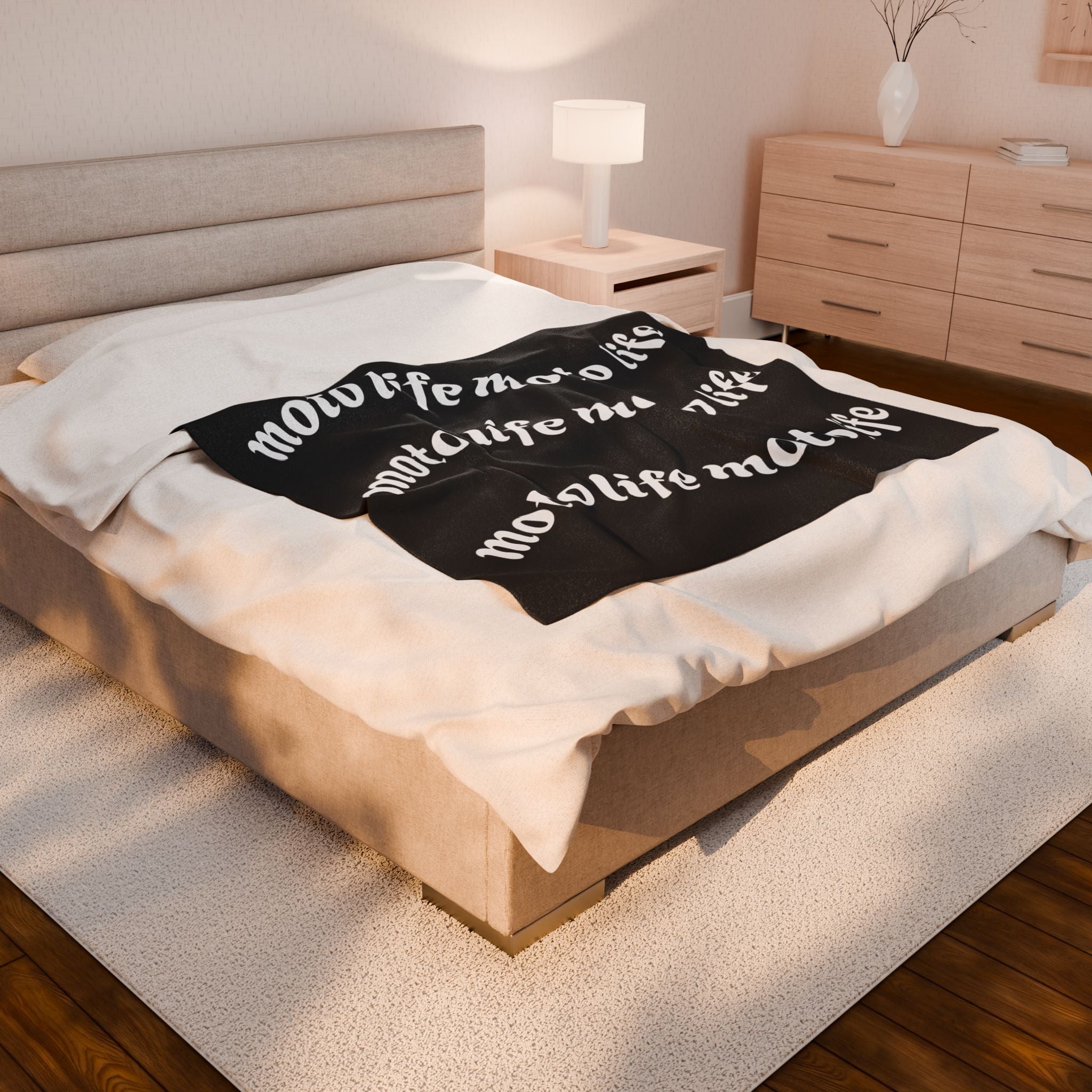 Plush Blanket — “moto life” Repeating Script Velveteen Throw
