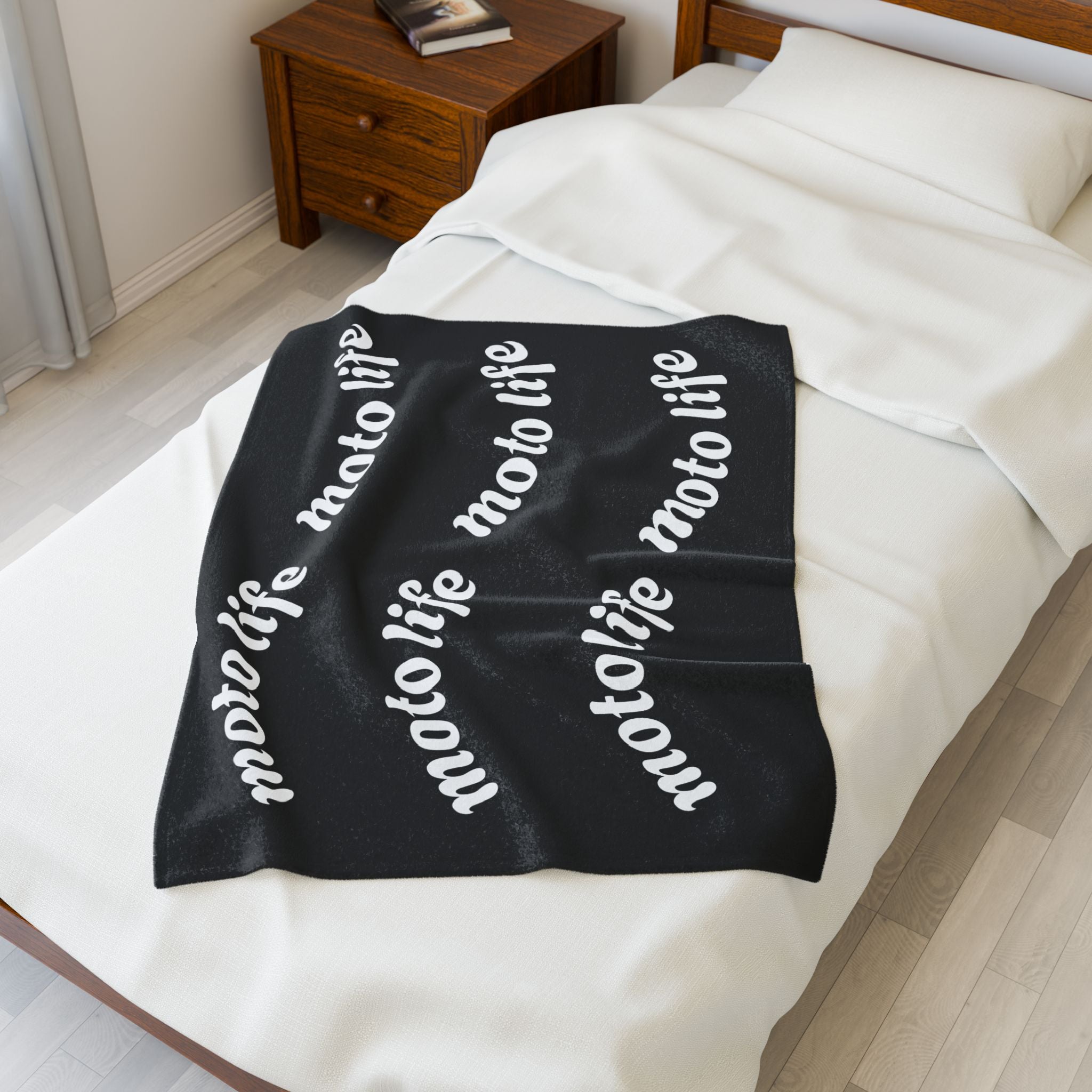 Plush Blanket — “moto life” Repeating Script Velveteen Throw