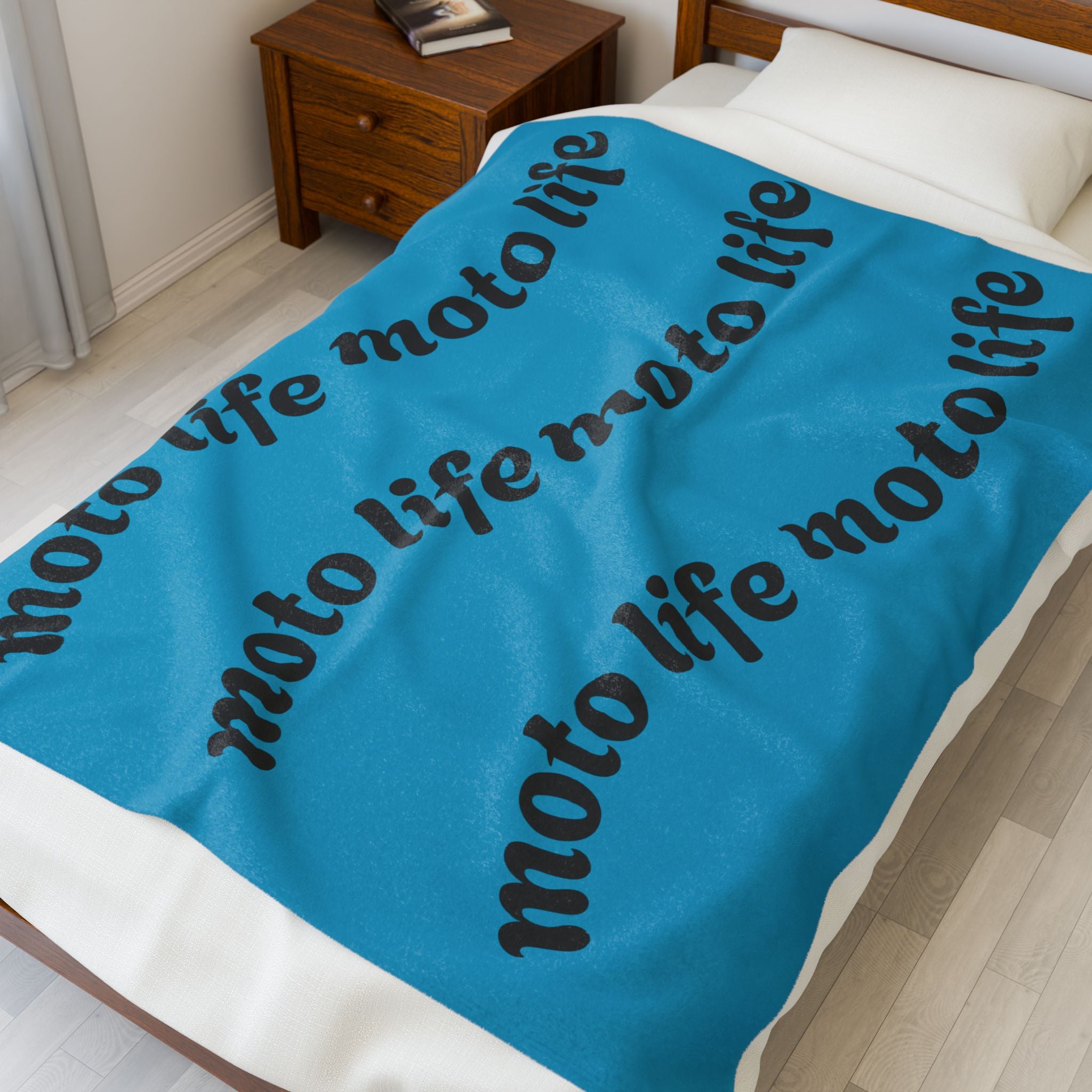 Plush Blanket — “moto life” Repeating Script Velveteen Throw