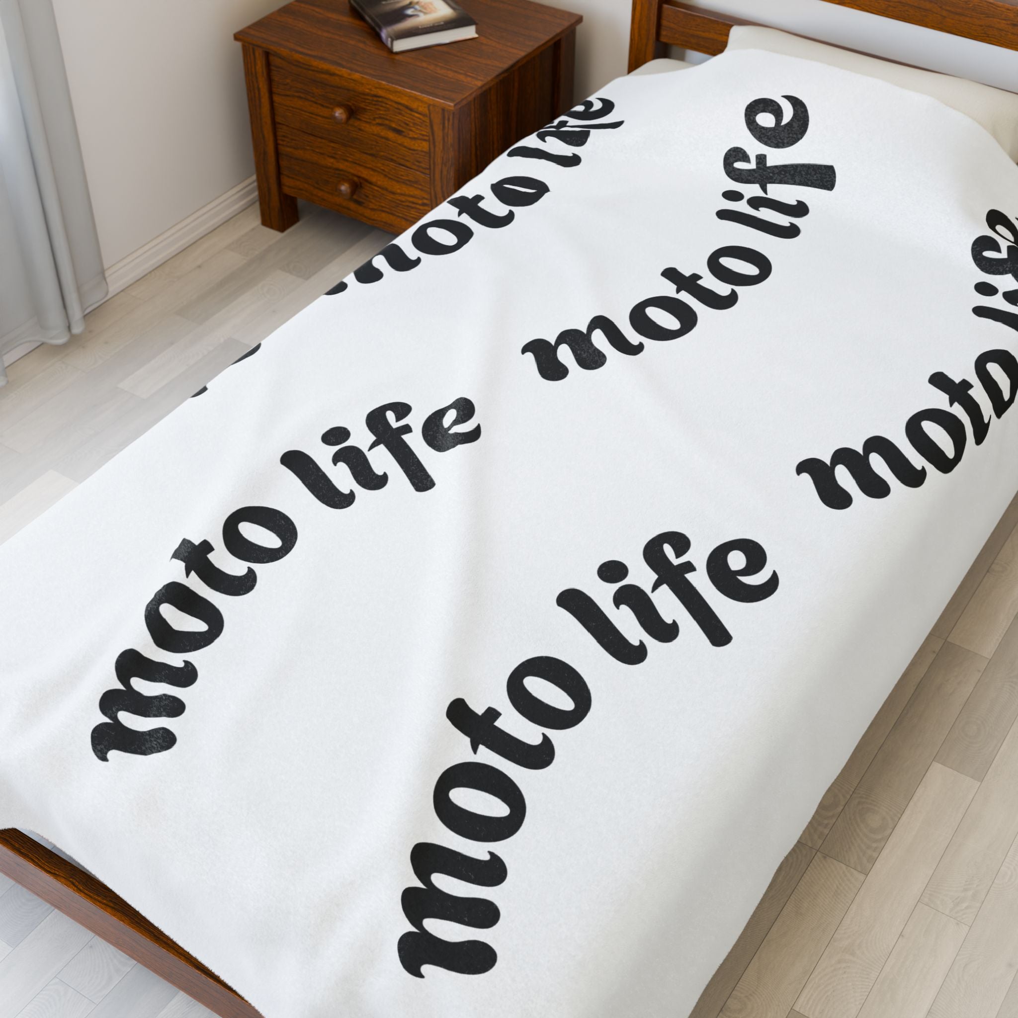 Plush Blanket — “moto life” Repeating Script Velveteen Throw
